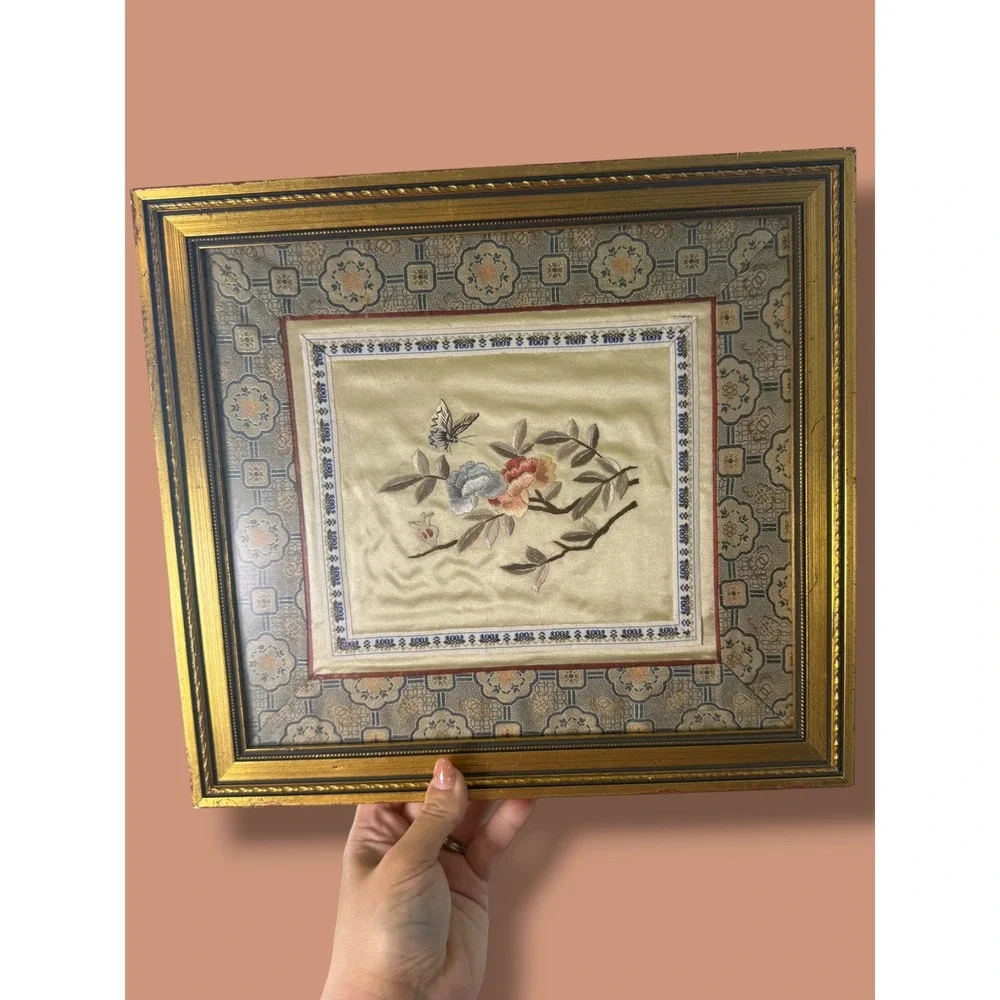 Vintage Asian Silk Embroidery Framed Floral Butterfly Art Chinoiserie Decor